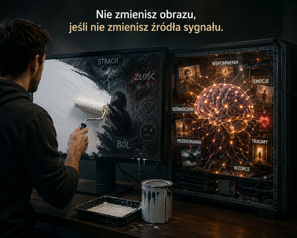 człowiek zamalowujący ekran wałkiem